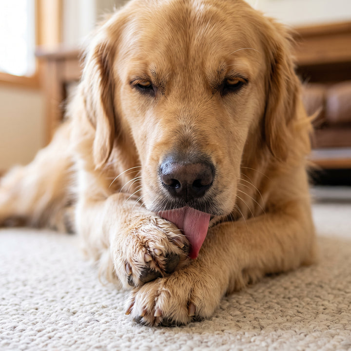 Dog licking or chewing its paw, close-up