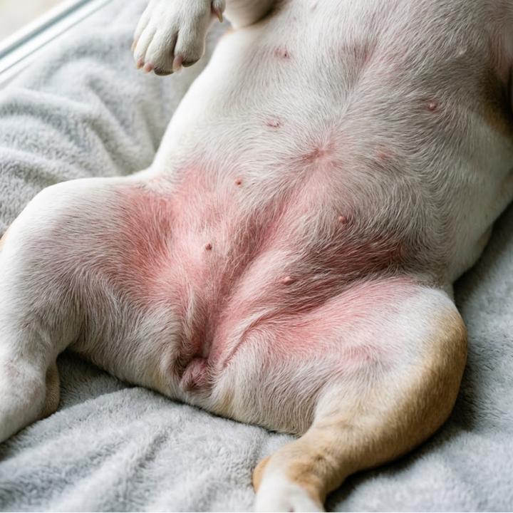 Close-up of a red, irritated dog belly