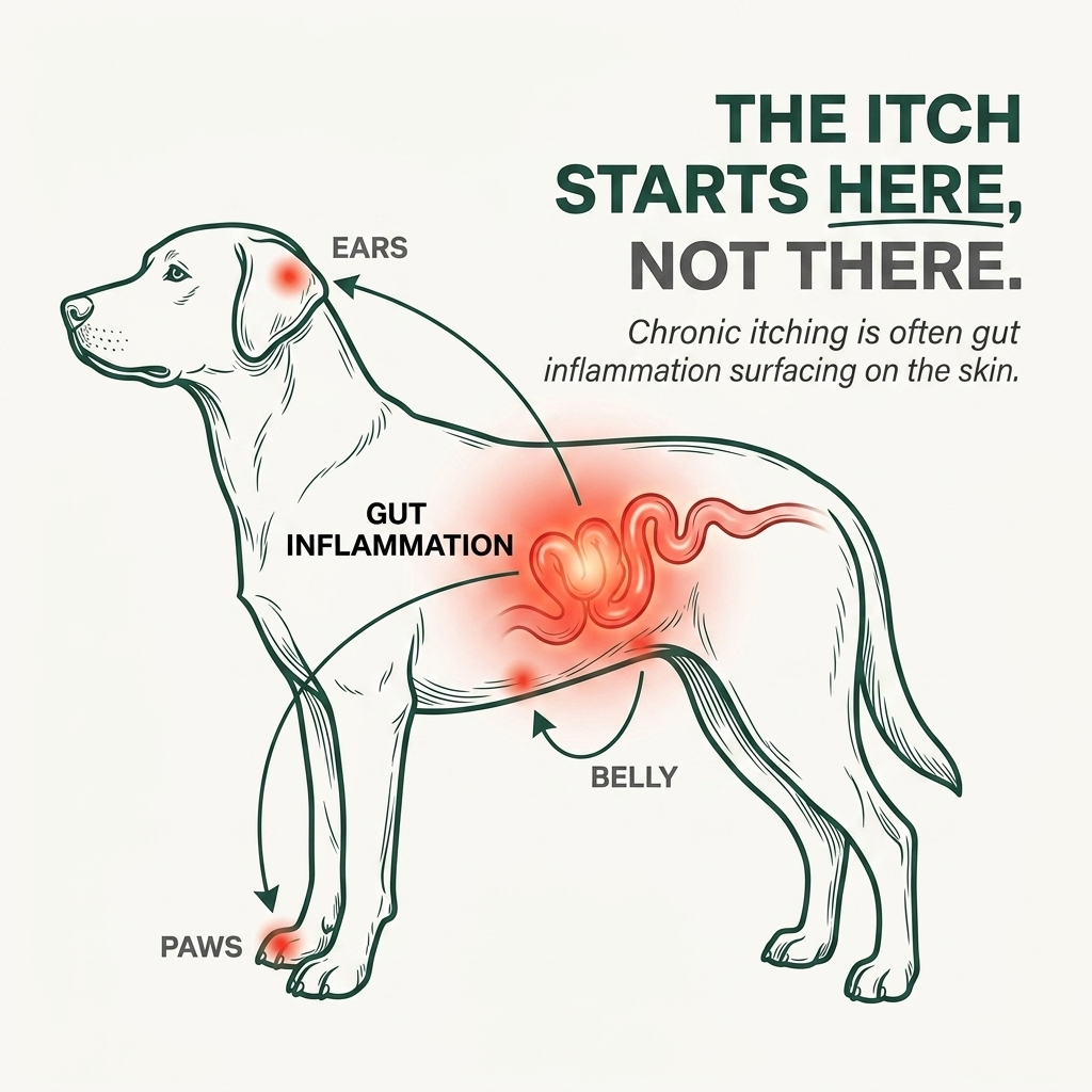 Illustration: the itch starts in the gut. Gut inflammation surfacing on the ears, belly and paws