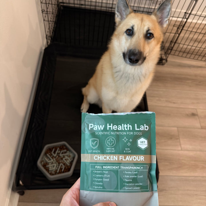 Customer dog with the Paw Health Lab bag